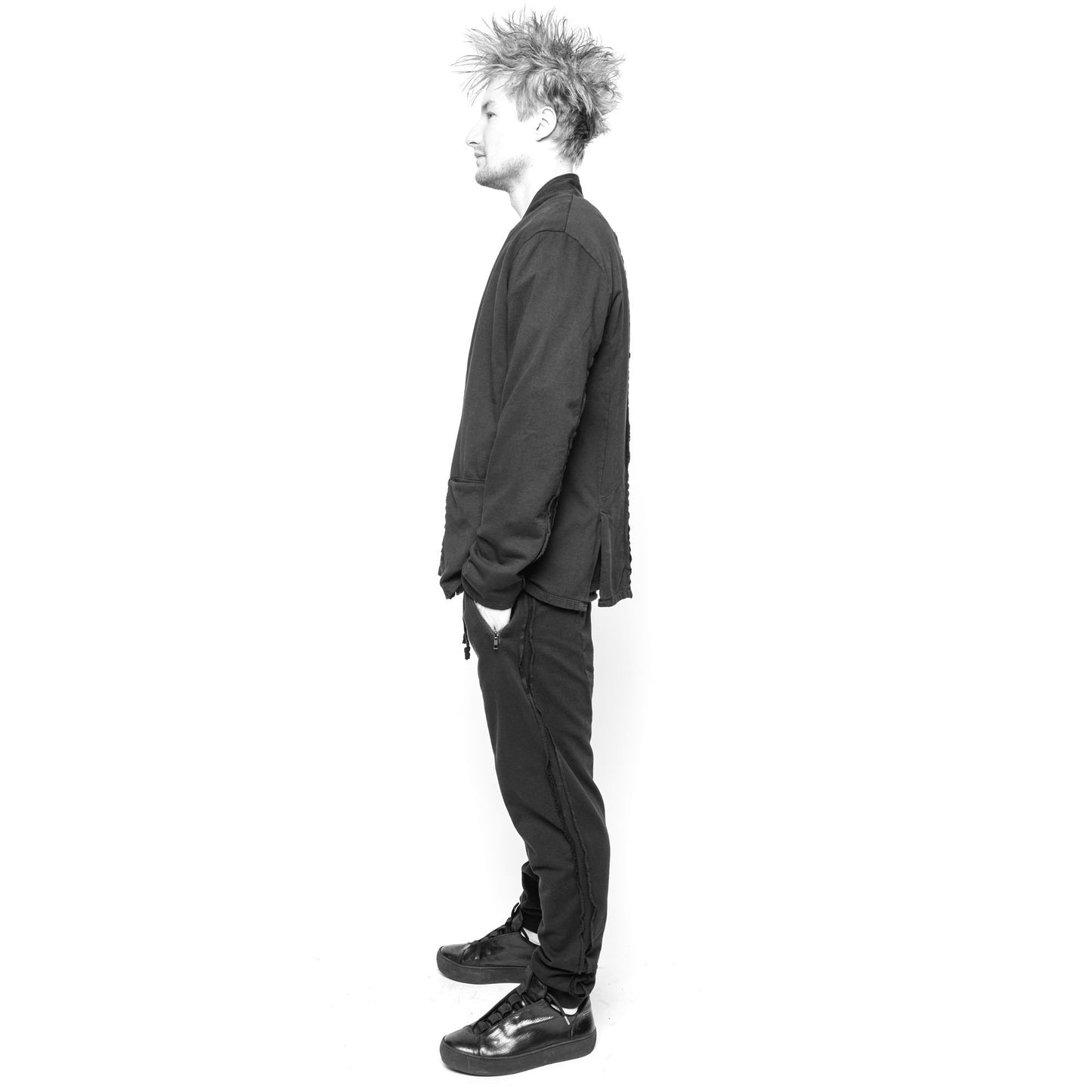 Jersey pants with raw edge detail.