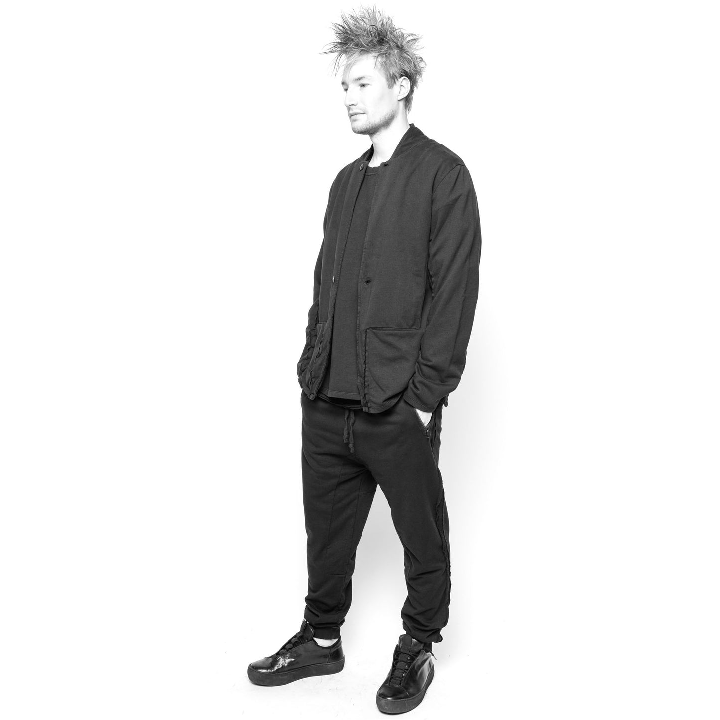 Jersey pants with raw edge detail.